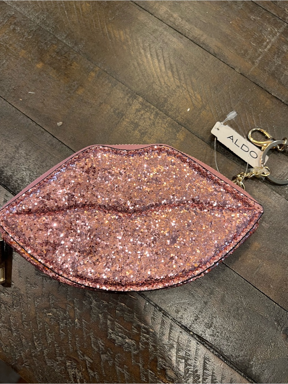 ALDO Pink Glitter Lip-Shaped Keychain Coin Purse